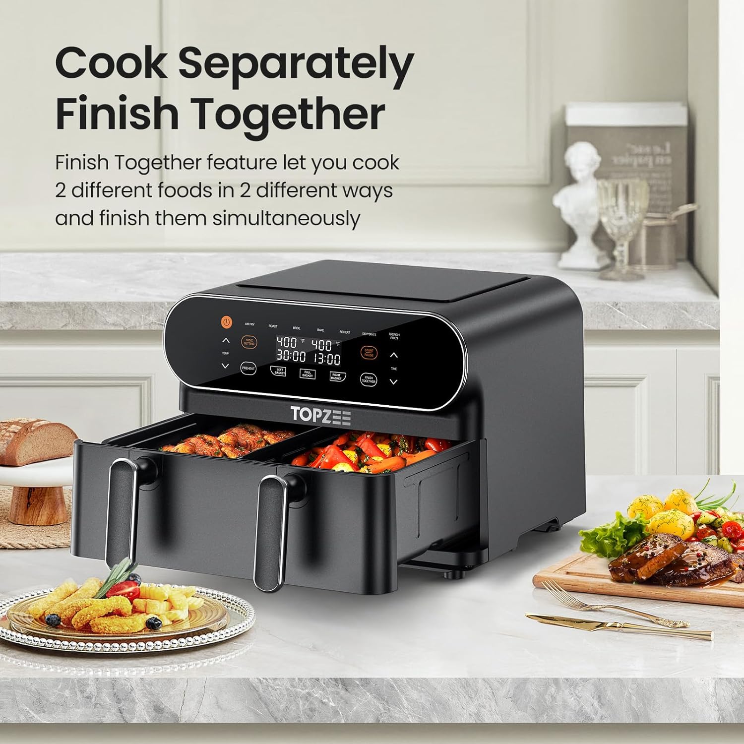 11-QT Large Air Fryer with Flex Basket and Divider - 8 in 1 XL Airfryer for Dual Cooking, Preheat, Roast, Broil, Bake, Reheat, Dehydrate - Dishwasher Safe - Black