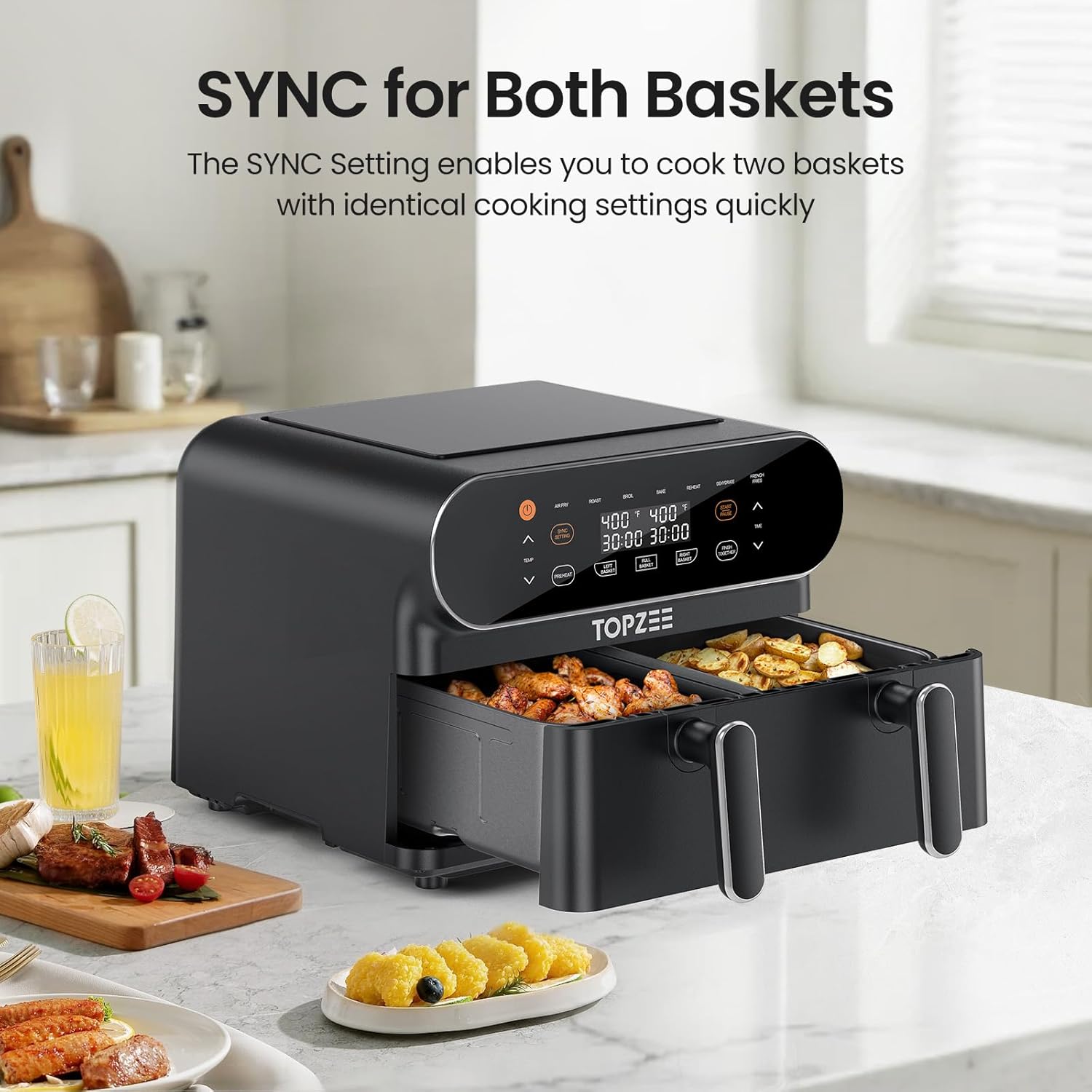 11-QT Large Air Fryer with Flex Basket and Divider - 8 in 1 XL Airfryer for Dual Cooking, Preheat, Roast, Broil, Bake, Reheat, Dehydrate - Dishwasher Safe - Black