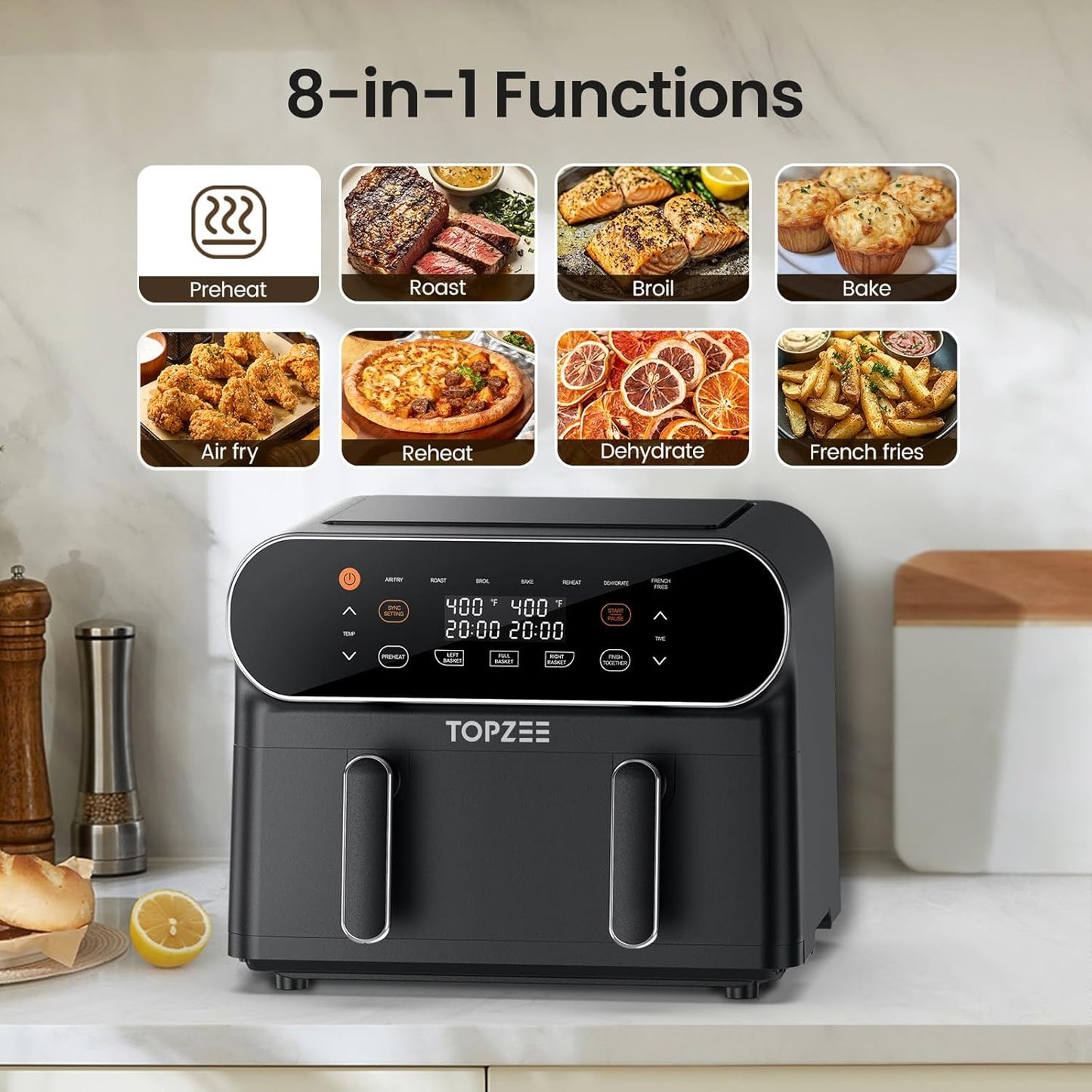 11-QT Large Air Fryer with Flex Basket and Divider - 8 in 1 XL Airfryer for Dual Cooking, Preheat, Roast, Broil, Bake, Reheat, Dehydrate - Dishwasher Safe - Black