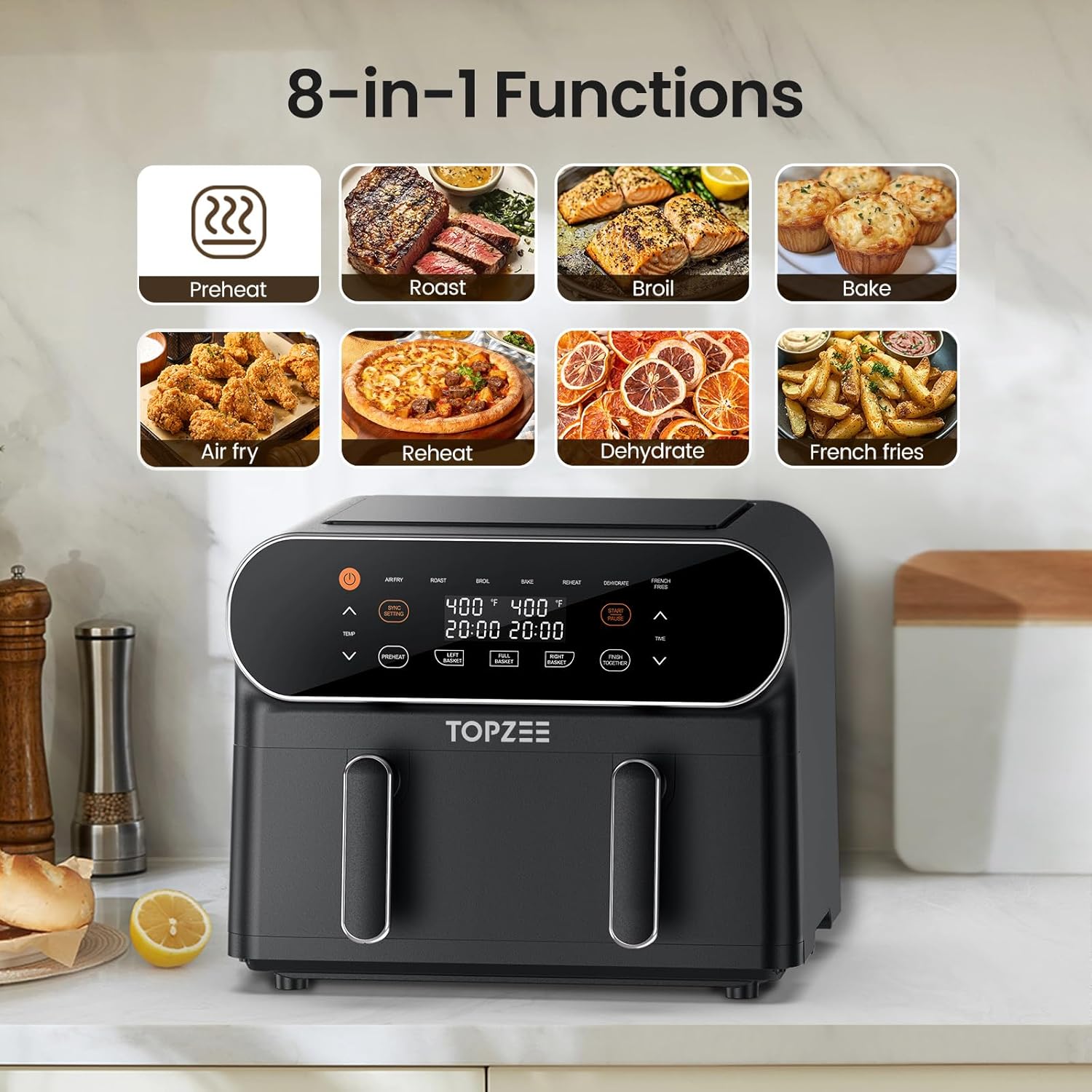 11-QT Large Air Fryer with Flex Basket and Divider - 8 in 1 XL Airfryer for Dual Cooking, Preheat, Roast, Broil, Bake, Reheat, Dehydrate - Dishwasher Safe - Black