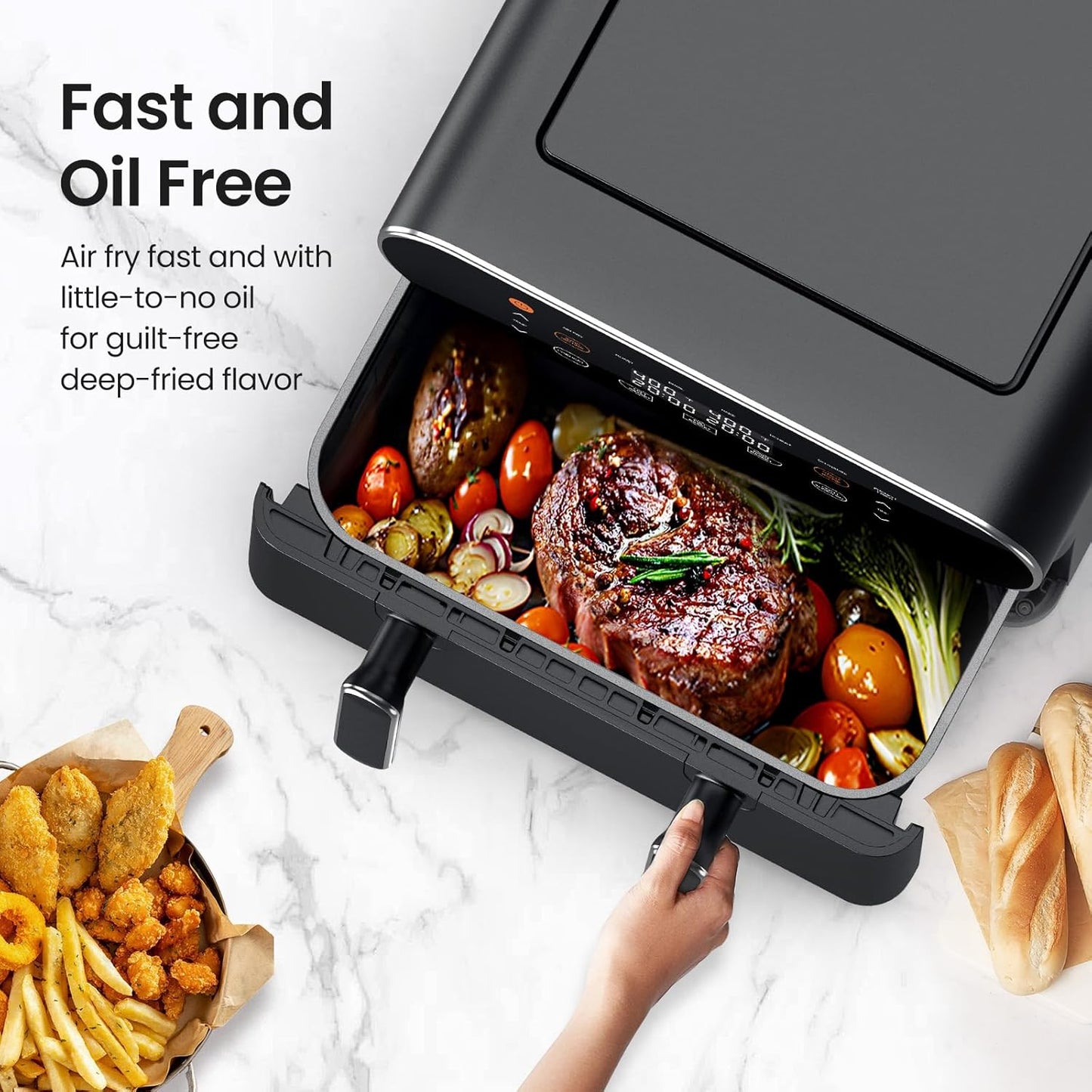 11-QT Large Air Fryer with Flex Basket and Divider - 8 in 1 XL Airfryer for Dual Cooking, Preheat, Roast, Broil, Bake, Reheat, Dehydrate - Dishwasher Safe - Black