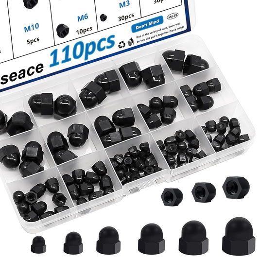 110Pcs Hex Acorn Cap Nuts Assortment Kit - M3 M4 M5 M6 M8 M10 Bolt Cover Caps - Nylon Screw Covers for Indoor and Outdoor Protection