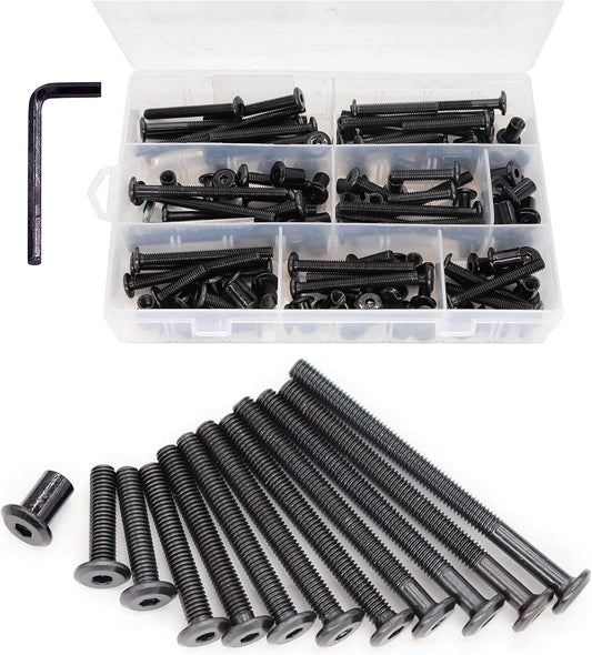114-Piece M6 Black Flat Head Allen Bolt Joint Connecting Bolts & Cap Nuts Kit for Furniture - 14 Sizes, 15mm to 80mm