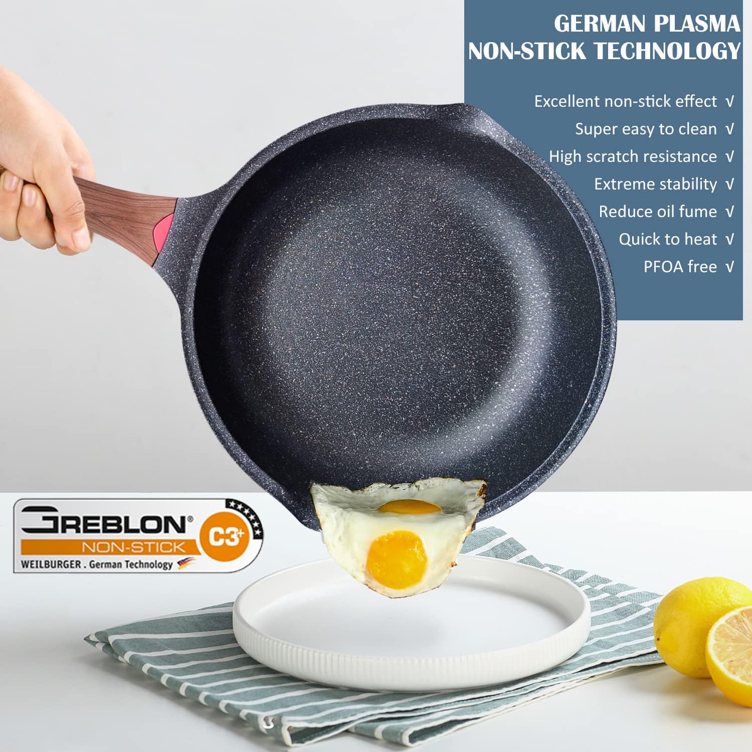 11in/5Qt Nonstick Deep Frying Pan Skillet with Lid, Vinchef Saute Pan, German 3C+ Ceramic Coating, Heat Indicator, Induction Compatible