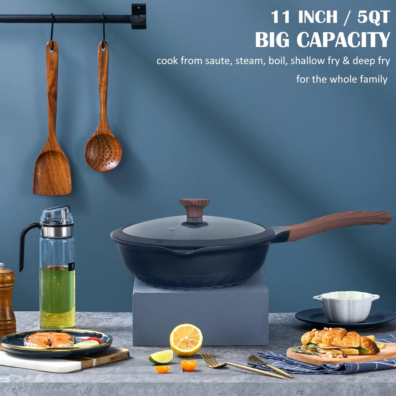 11in/5Qt Nonstick Deep Frying Pan Skillet with Lid, Vinchef Saute Pan, German 3C+ Ceramic Coating, Heat Indicator, Induction Compatible