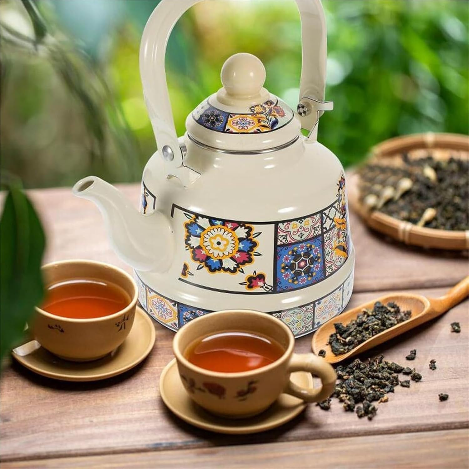 1.1L TIMOBIZZ Floral Enamel Tea Kettle - Durable Steel Teapot with Cool Touch Handle