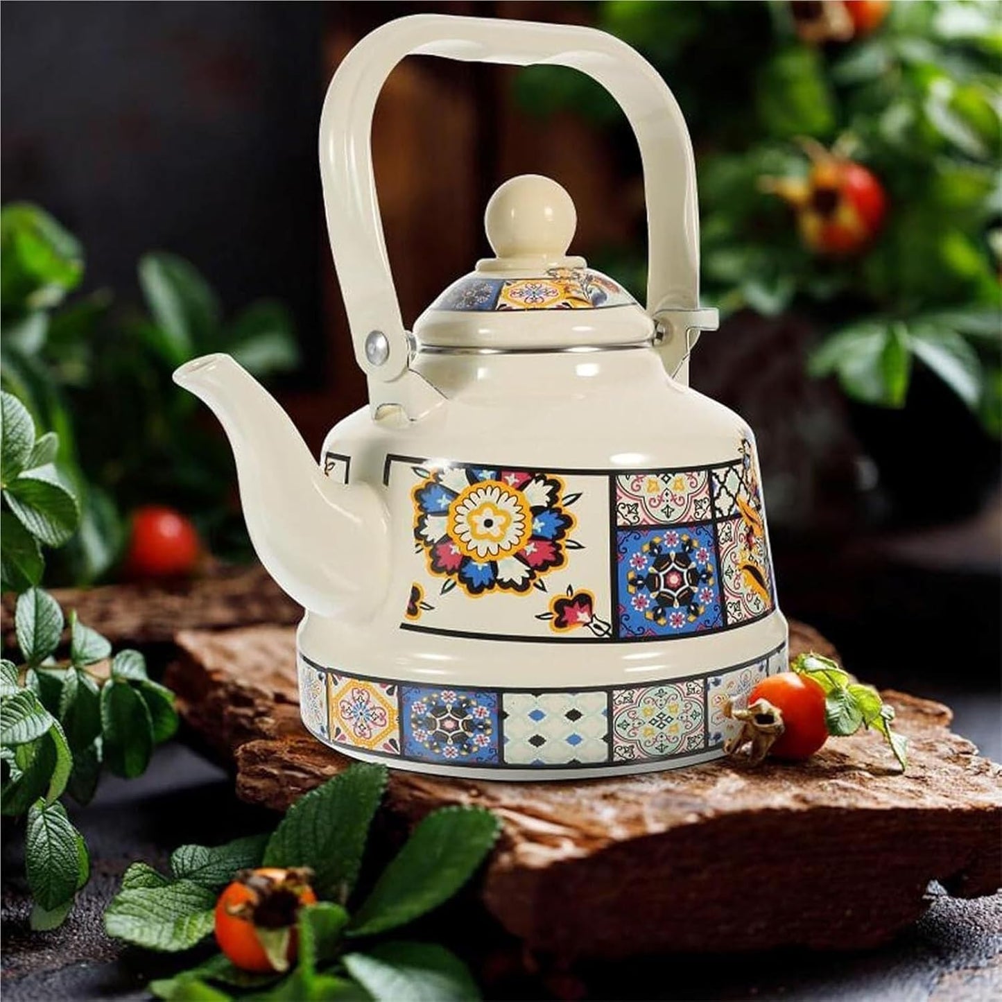 1.1L TIMOBIZZ Floral Enamel Tea Kettle - Durable Steel Teapot with Cool Touch Handle