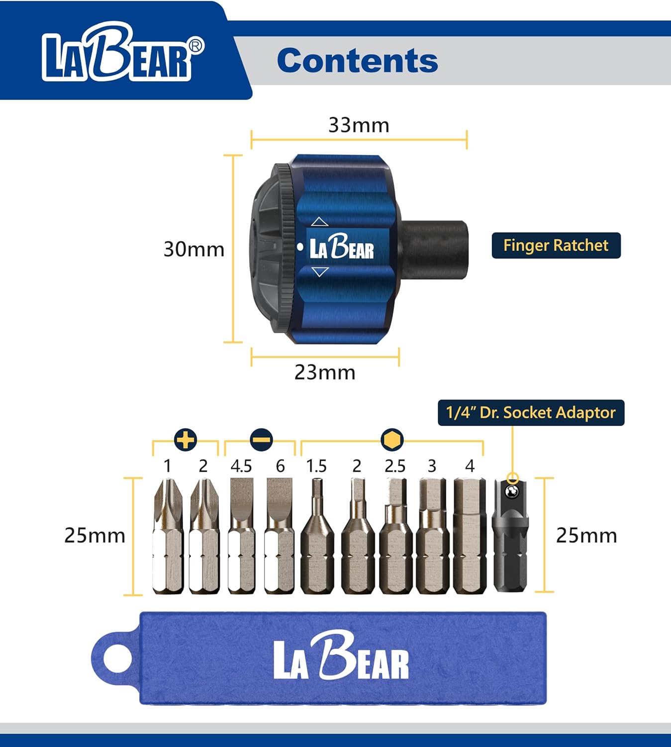 11pcs 1/4"DR Mini Palm Ratchet Kit with Screwdriver Bits - Gear Ratchet, Finger Ratchet, Philips, Slotted