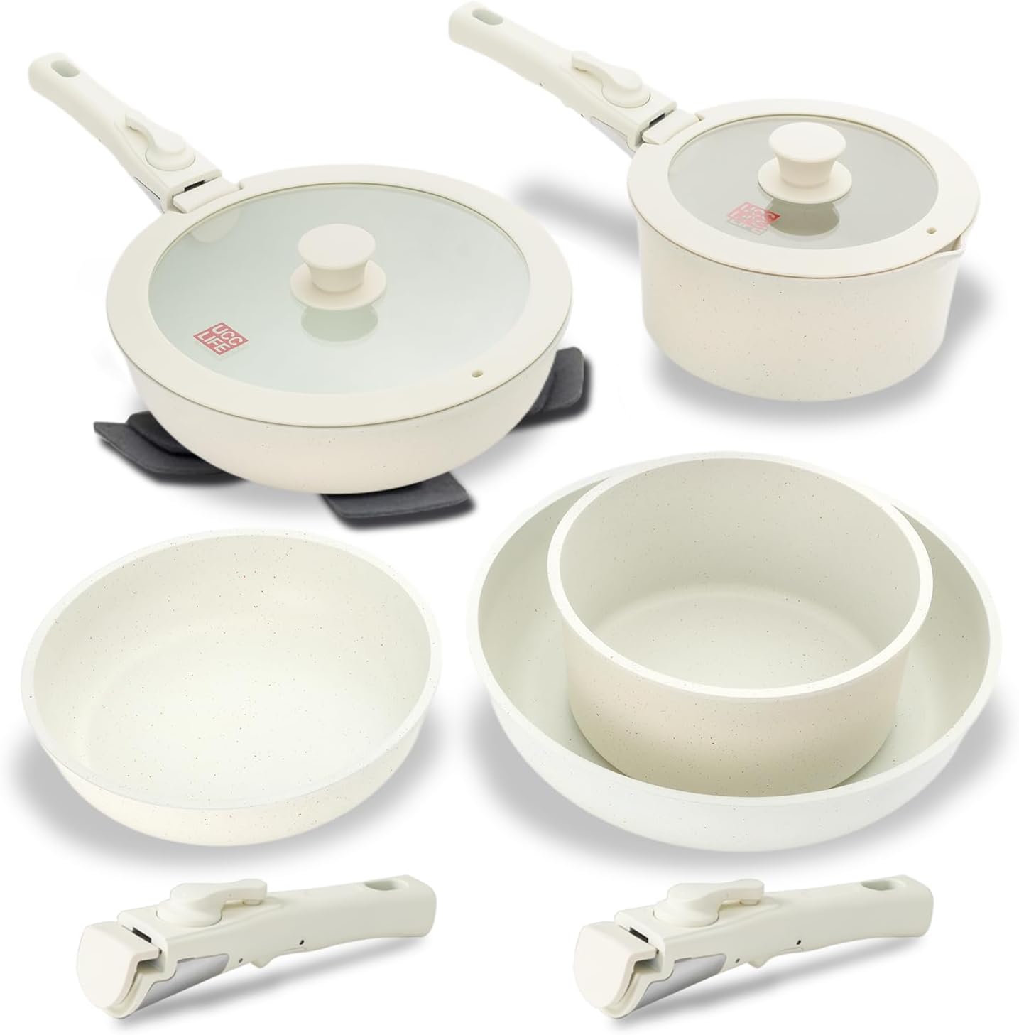 11Pcs Induction Non Stick Cookware Set with Detachable Handles, Stackable White Granite Pots and Pans