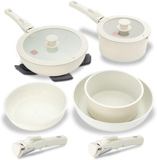 11Pcs Induction Non Stick Cookware Set with Detachable Handles, Stackable White Granite Pots and Pans