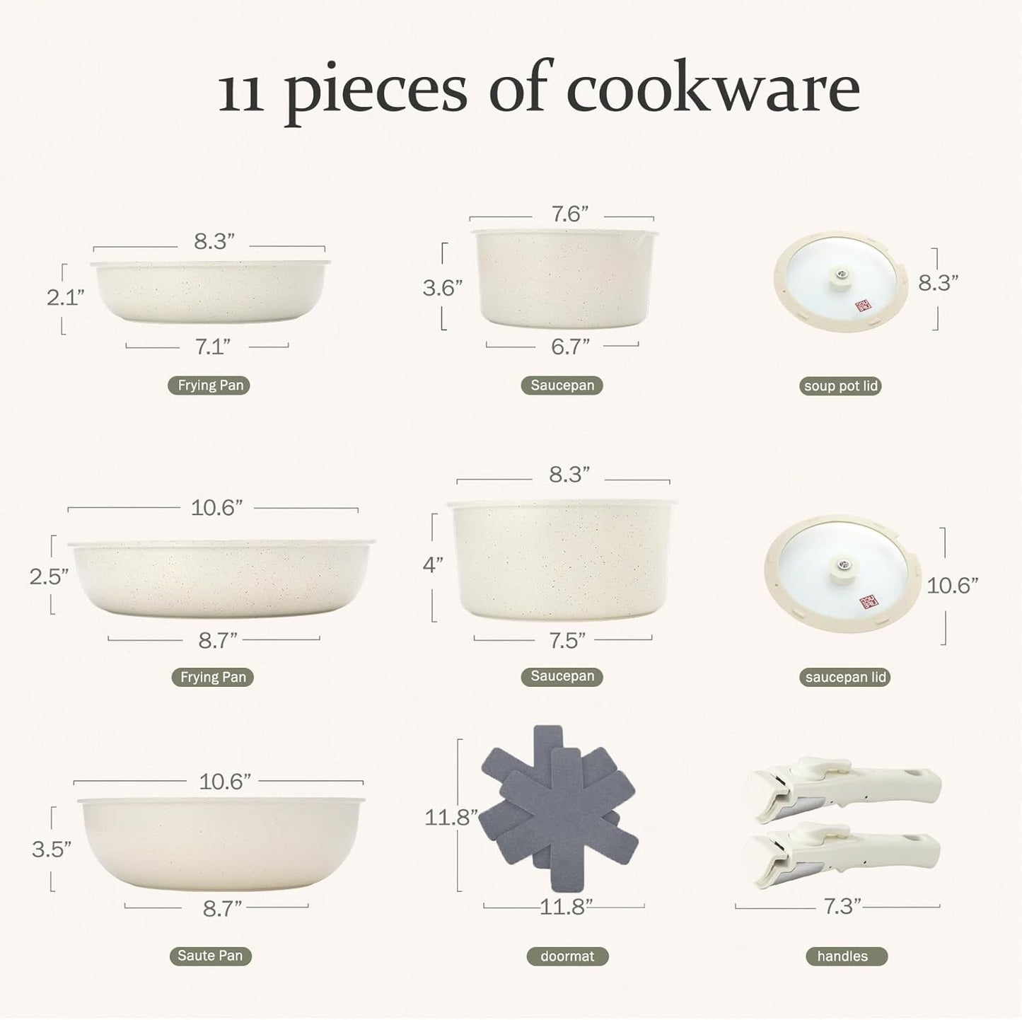 11Pcs Induction Non Stick Cookware Set with Detachable Handles, Stackable White Granite Pots and Pans