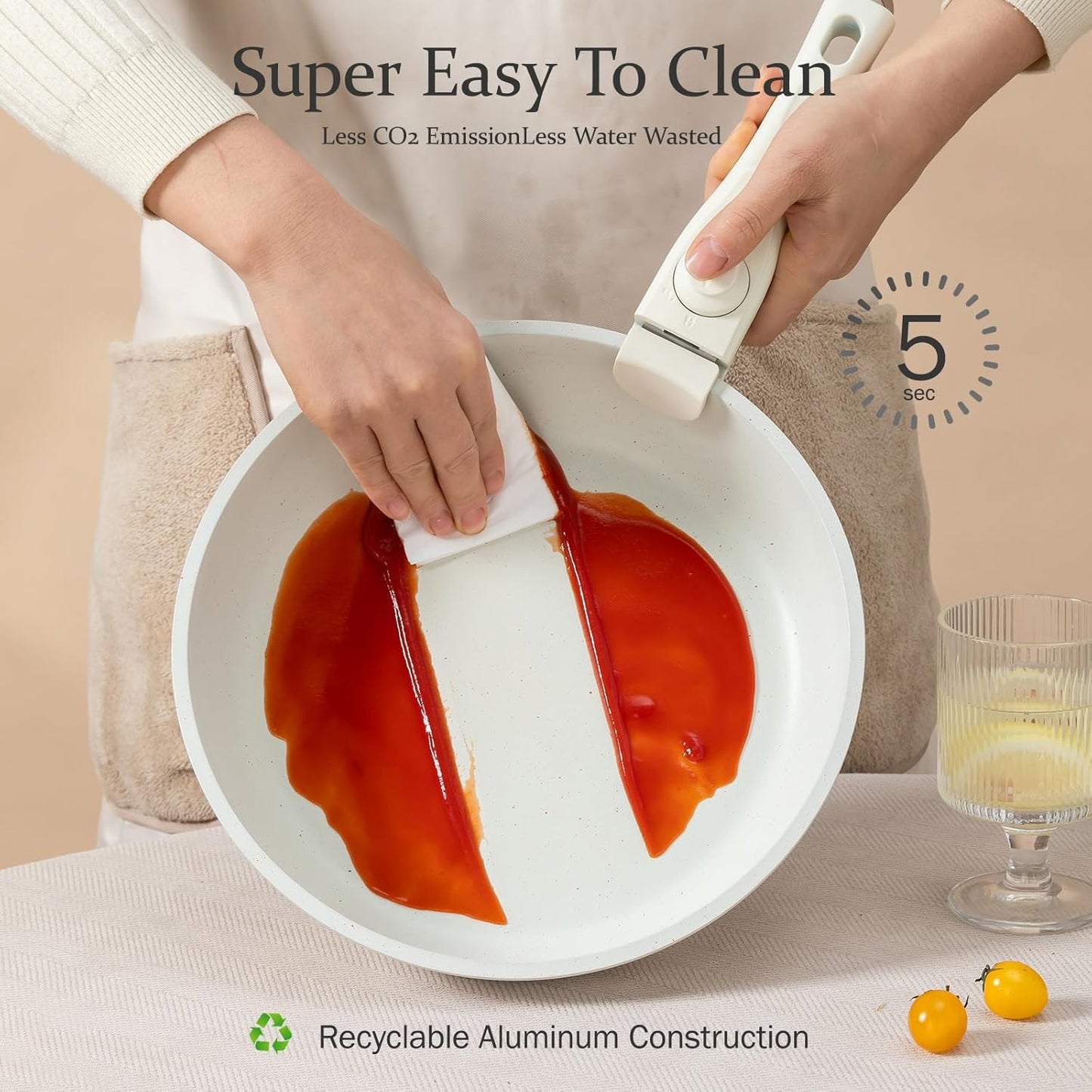 11Pcs Induction Non Stick Cookware Set with Detachable Handles, Stackable White Granite Pots and Pans