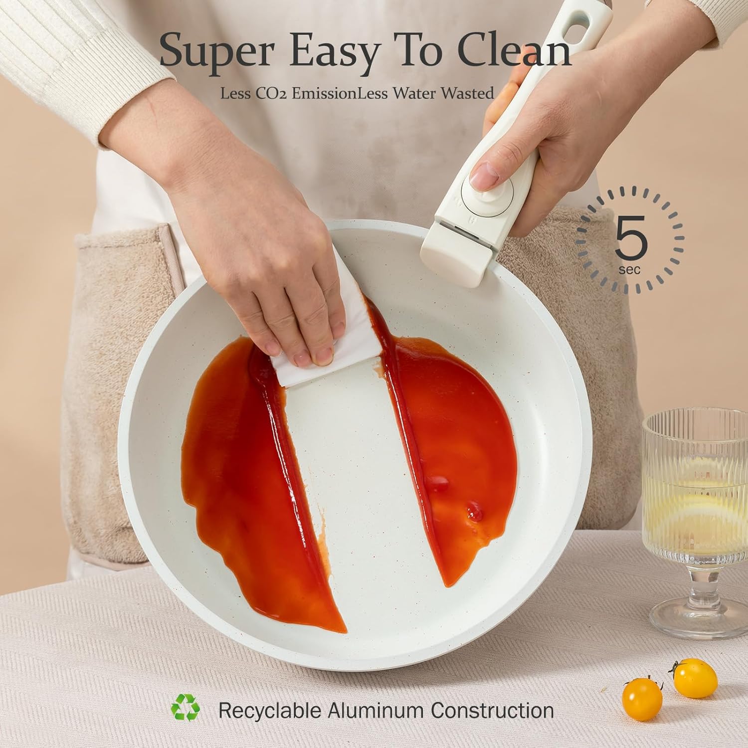 11Pcs Induction Non Stick Cookware Set with Detachable Handles, Stackable White Granite Pots and Pans