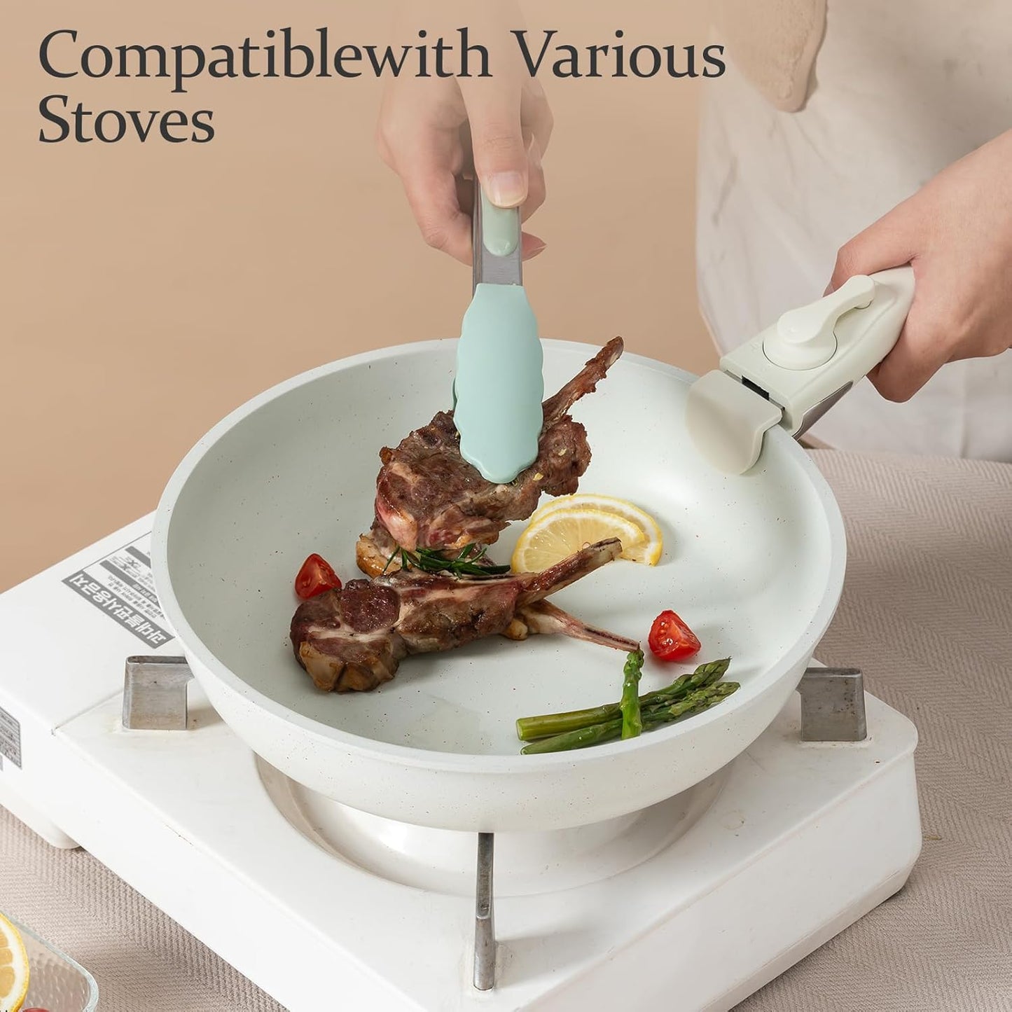 11Pcs Induction Non Stick Cookware Set with Detachable Handles, Stackable White Granite Pots and Pans