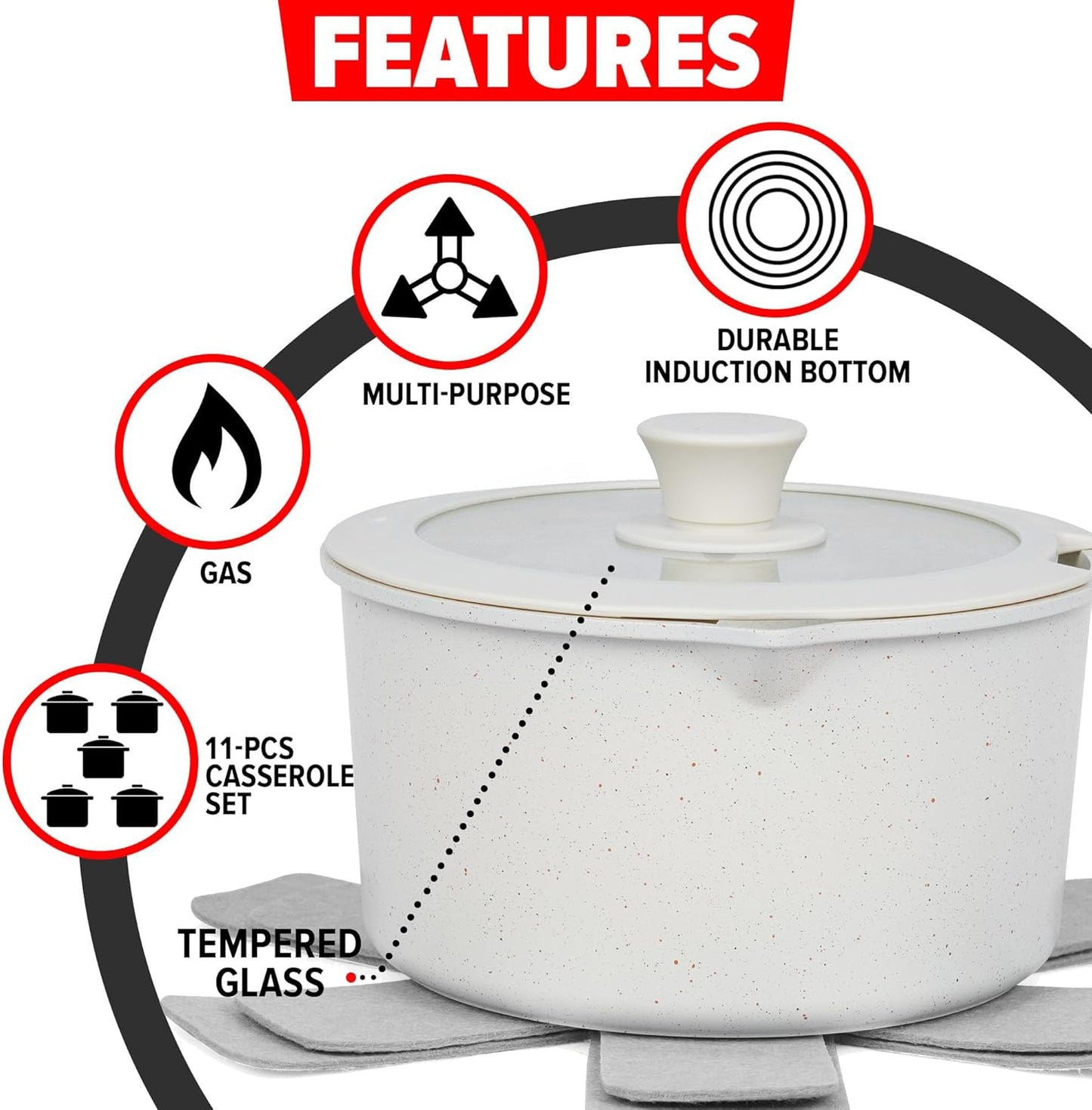 11Pcs Induction Non Stick Cookware Set with Detachable Handles, Stackable White Granite Pots and Pans