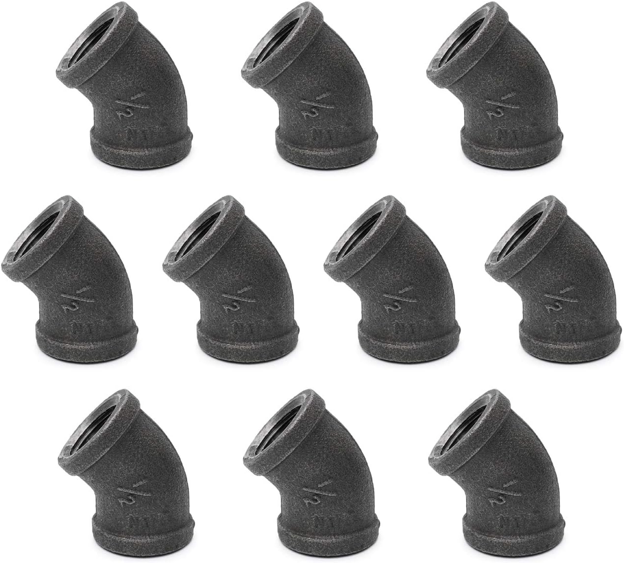 1/2" 45-Degree Elbow - Home TZH Cast Malleable Iron Elbow for DIY Plumbing Pipe Decor - 10 Pack