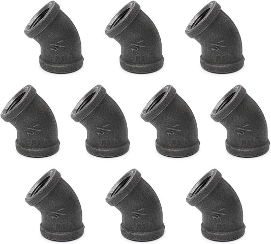 1/2" 45-Degree Elbow - Home TZH Cast Malleable Iron Elbow for DIY Plumbing Pipe Decor - 10 Pack