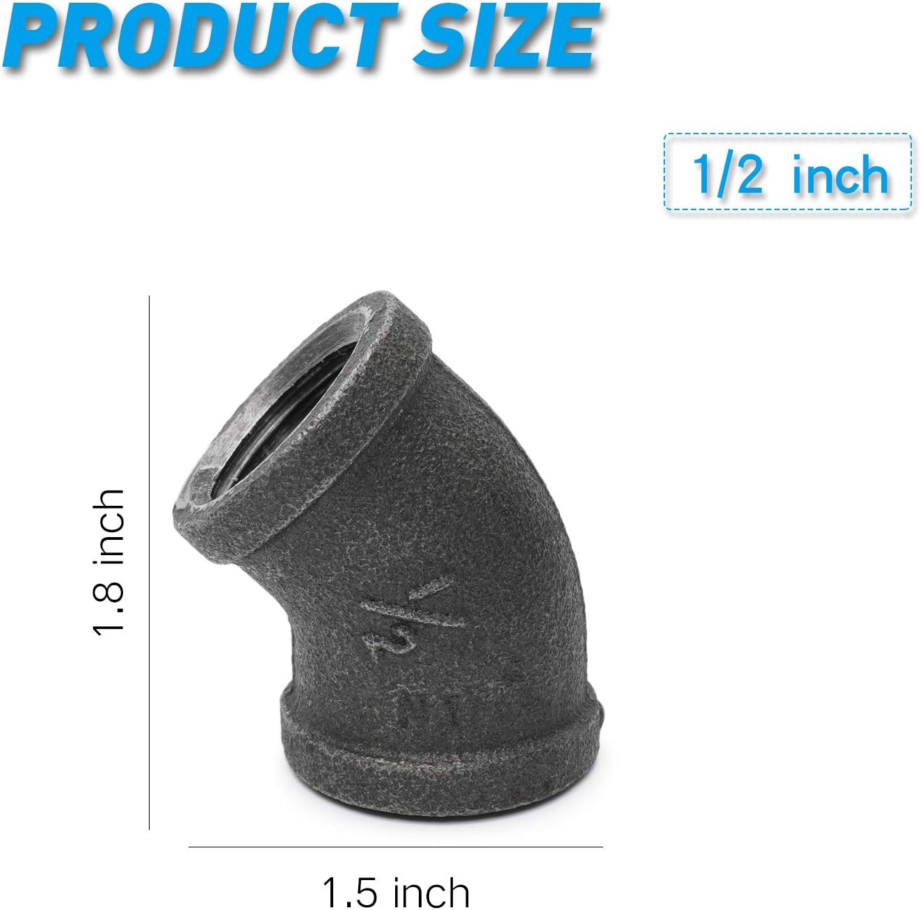 1/2" 45-Degree Elbow - Home TZH Cast Malleable Iron Elbow for DIY Plumbing Pipe Decor - 10 Pack