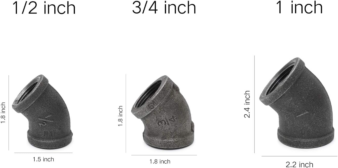 1/2" 45-Degree Elbow - Home TZH Cast Malleable Iron Elbow for DIY Plumbing Pipe Decor - 10 Pack