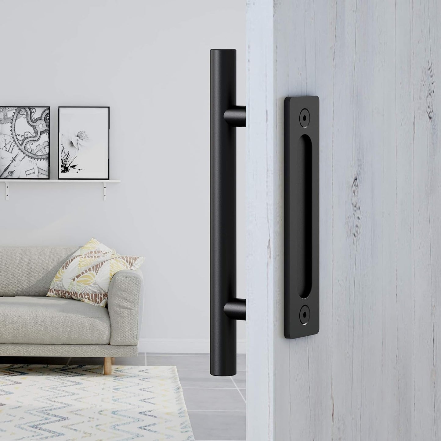 12" Black Heavy Duty Pull and Flush Sliding Barn Door Handle Set by FaithLand - Fits Doors Up to 2 3/8