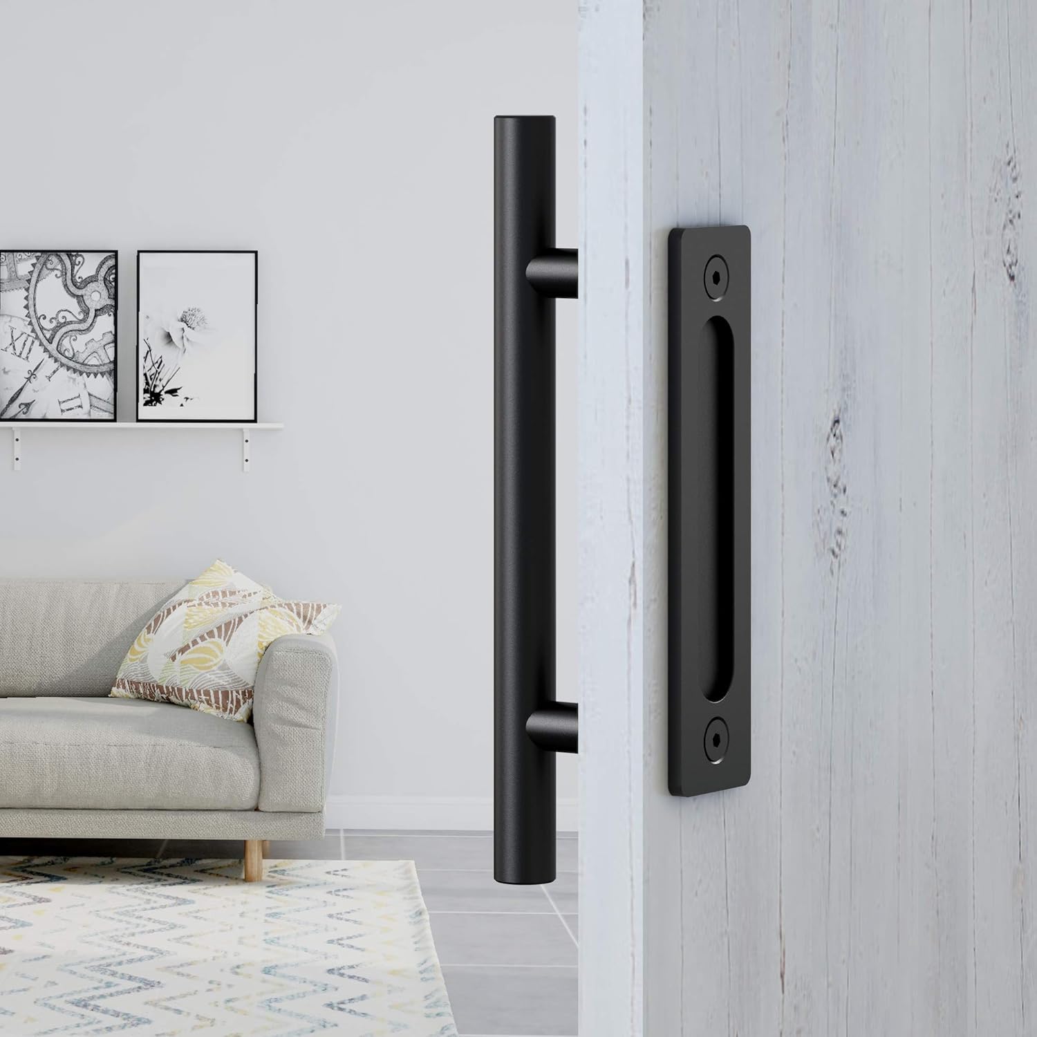 12" Black Heavy Duty Pull and Flush Sliding Barn Door Handle Set by FaithLand - Fits Doors Up to 2 3/8