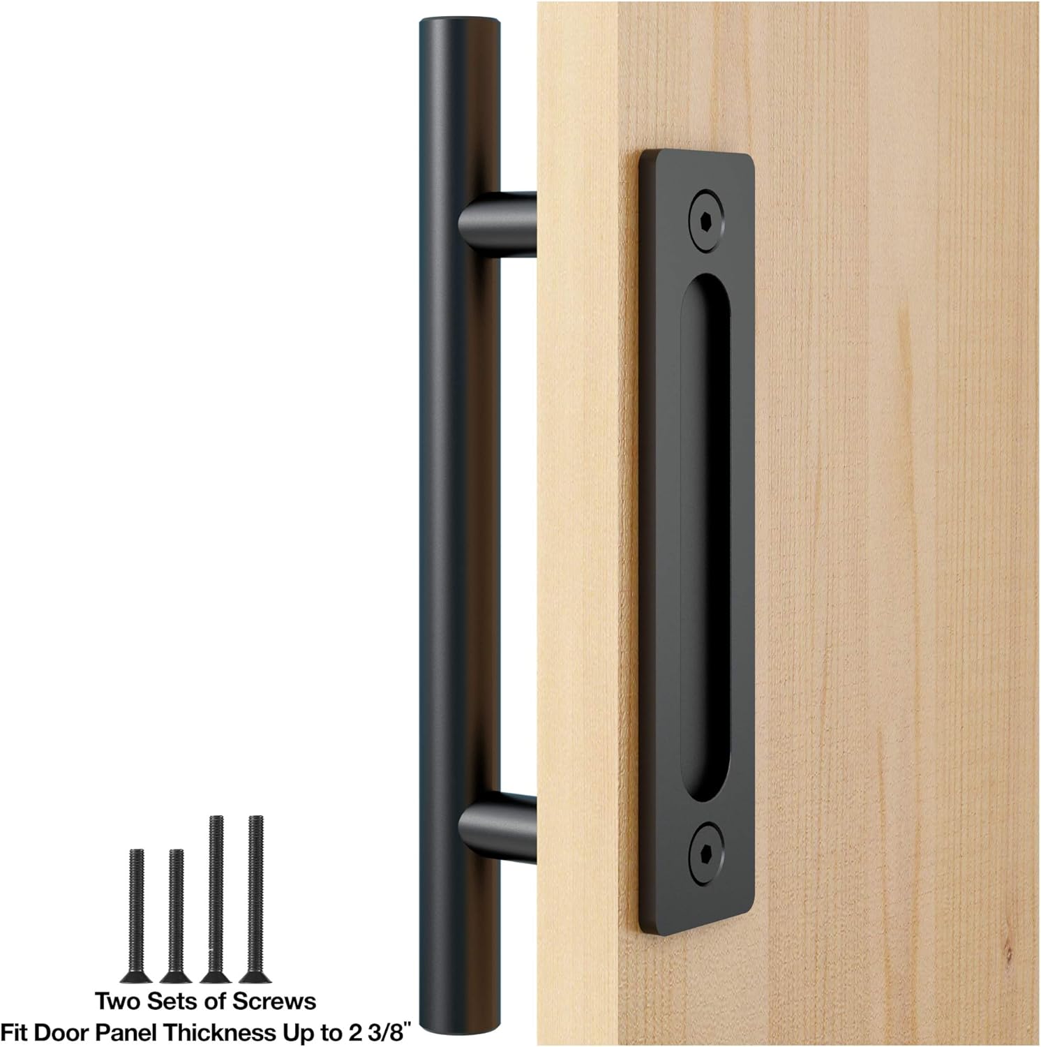 12" Black Heavy Duty Pull and Flush Sliding Barn Door Handle Set by FaithLand - Fits Doors Up to 2 3/8