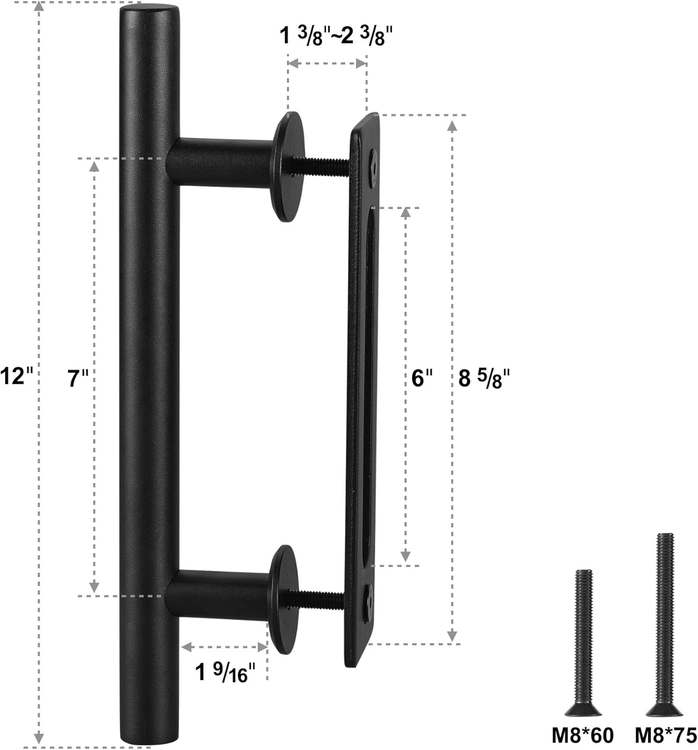 12" Black Heavy Duty Pull and Flush Sliding Barn Door Handle Set by FaithLand - Fits Doors Up to 2 3/8