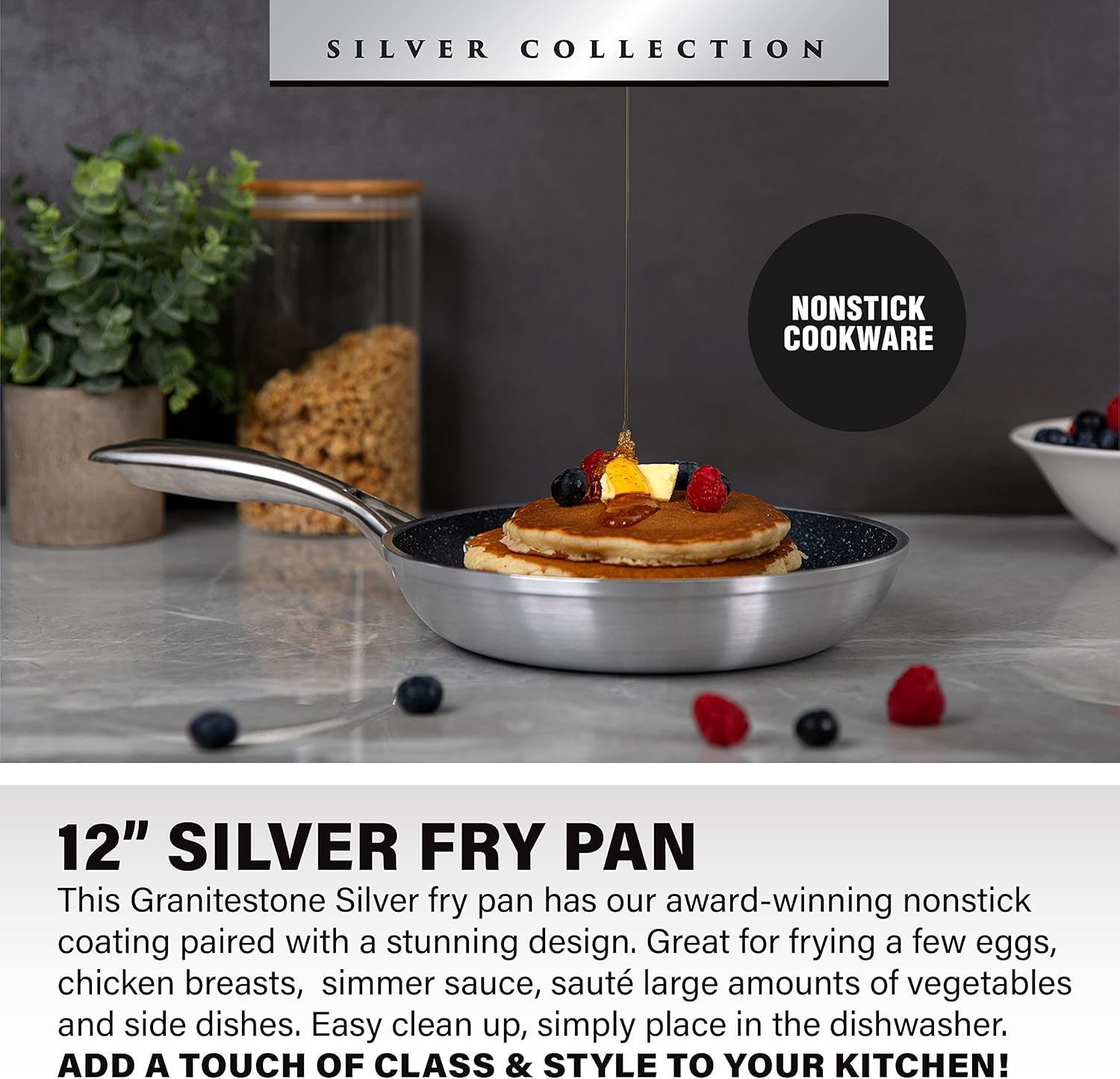 12" Granitestone Nonstick Fry Pan with Hard Anodized Aluminum Construction - Durable Ultra Coating, Silver Exterior, PFOA Free - Dishwasher & Oven Safe