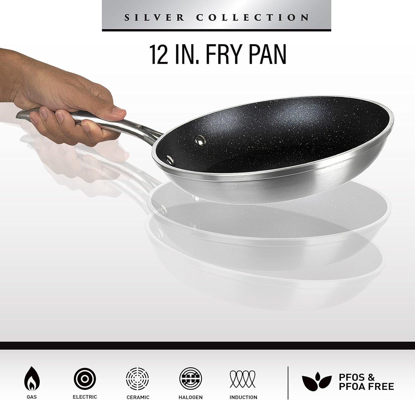 12" Granitestone Nonstick Fry Pan with Hard Anodized Aluminum Construction - Durable Ultra Coating, Silver Exterior, PFOA Free - Dishwasher & Oven Safe
