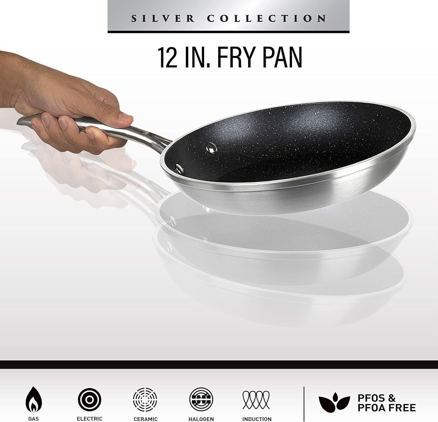 12" Granitestone Nonstick Fry Pan with Hard Anodized Aluminum Construction - Durable Ultra Coating, Silver Exterior, PFOA Free - Dishwasher & Oven Safe