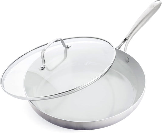 12" GreenLife Tri-Ply Stainless Steel Nonstick Frying Pan Skillet with Lid - PFAS-Free, Induction Safe