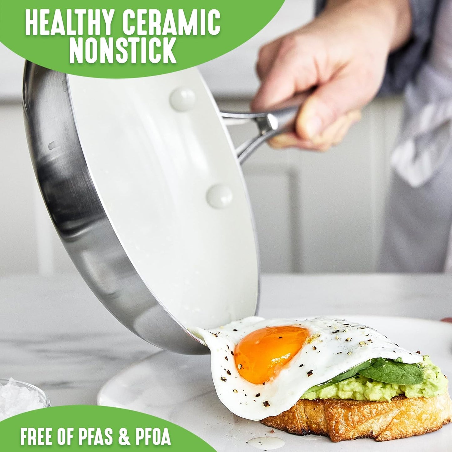 12" GreenLife Tri-Ply Stainless Steel Nonstick Frying Pan Skillet with Lid - PFAS-Free, Induction Safe