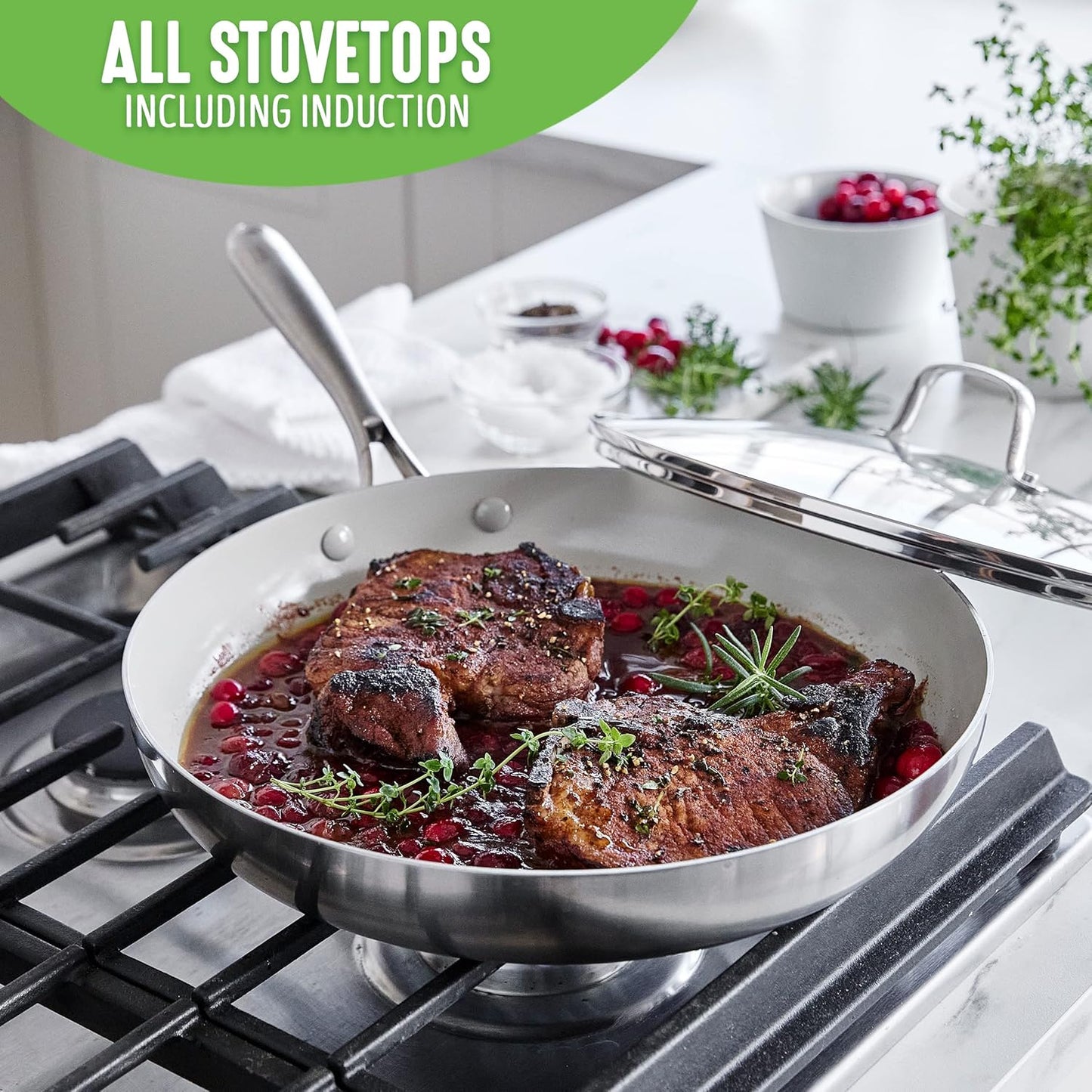 12" GreenLife Tri-Ply Stainless Steel Nonstick Frying Pan Skillet with Lid - PFAS-Free, Induction Safe