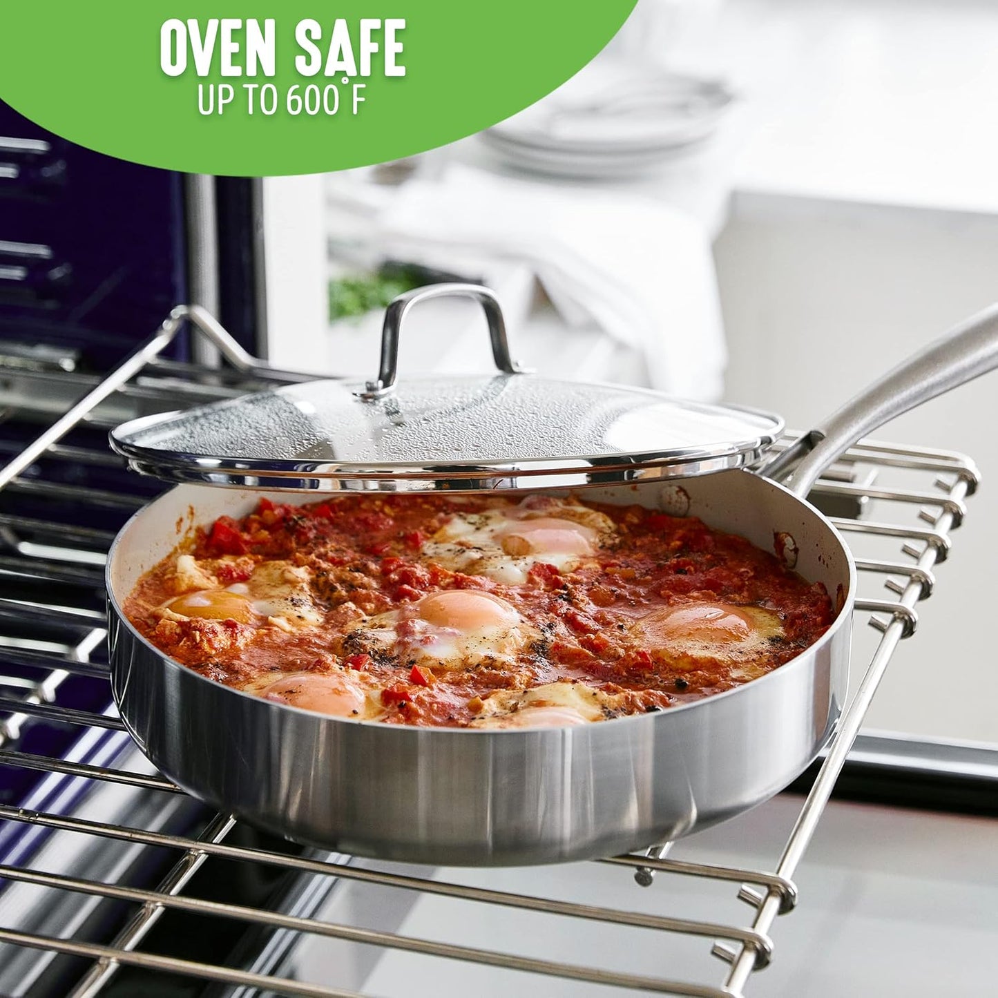 12" GreenLife Tri-Ply Stainless Steel Nonstick Frying Pan Skillet with Lid - PFAS-Free, Induction Safe