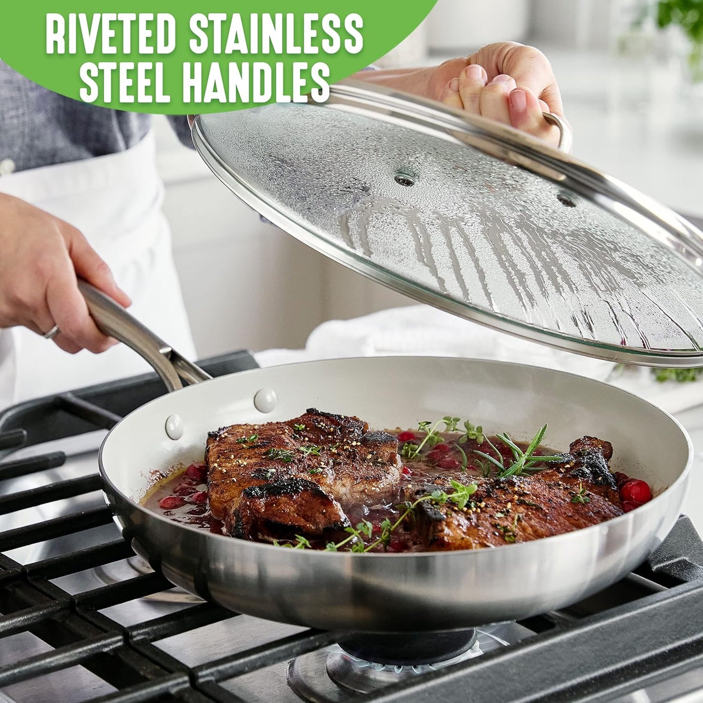 12" GreenLife Tri-Ply Stainless Steel Nonstick Frying Pan Skillet with Lid - PFAS-Free, Induction Safe