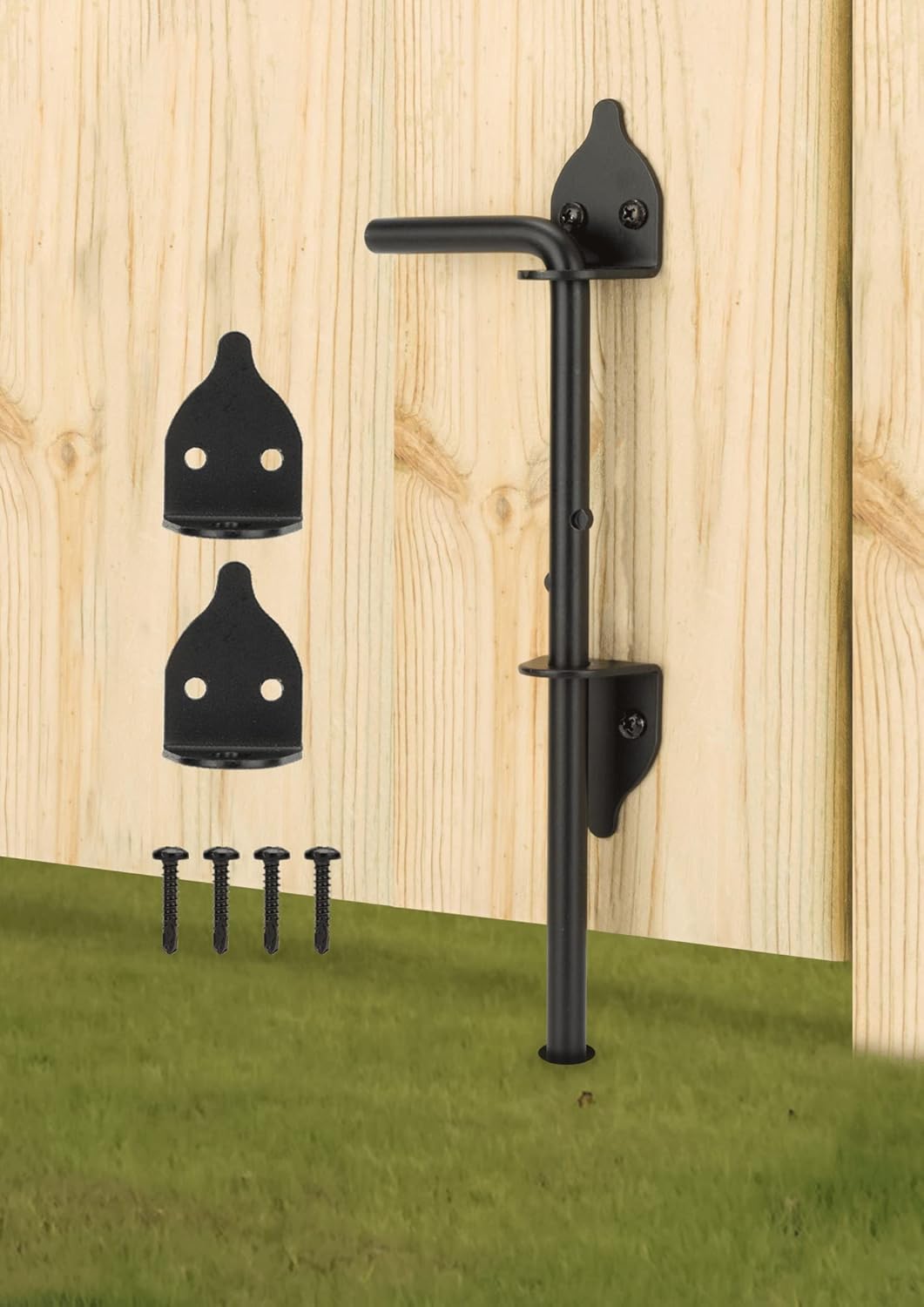 12" Heavy Duty Black Solid Steel Cane Bolt Drop Rod Hardware for Wood PVC Vinyl Metal Fences Gates - Ground Latch for Double Doors (1 Pack)