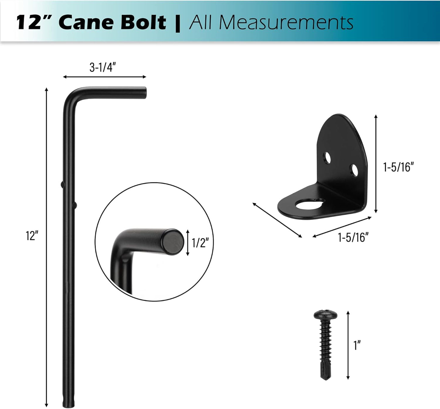 12" Heavy Duty Gate Drop Rod Cane Bolt Hardware for Wooden Fences Metal Gates Doors - Black Finish