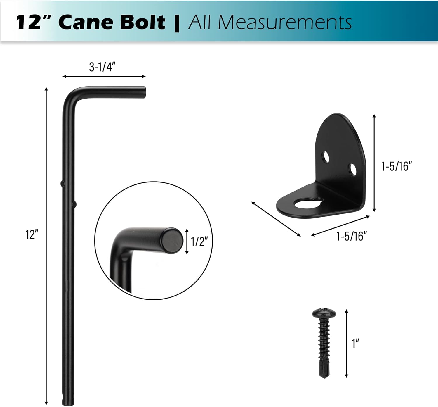 12" Heavy Duty Gate Drop Rod Cane Bolt Hardware for Wooden Fences Metal Gates Doors - Black Finish