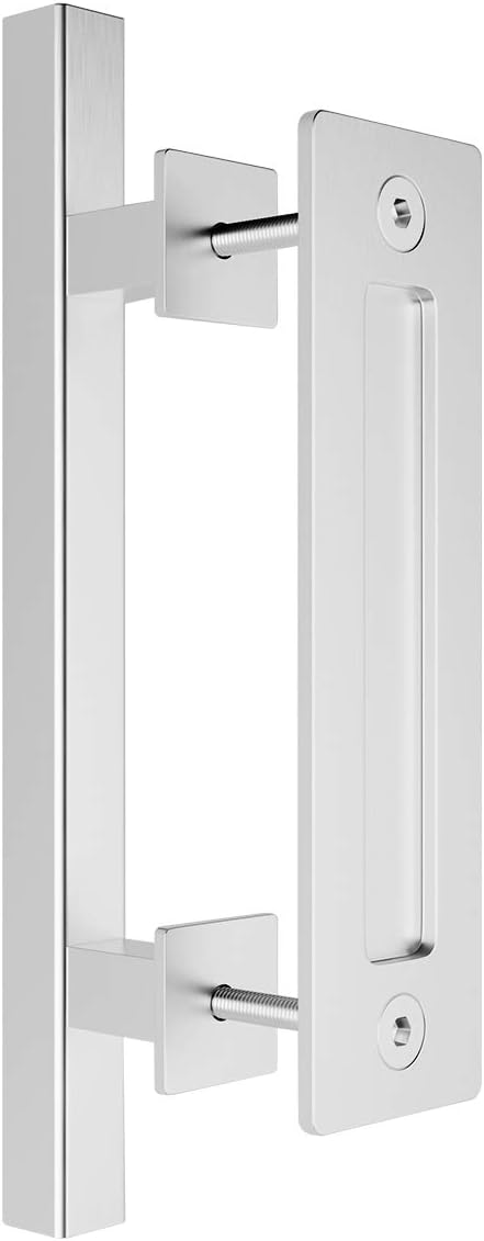 12" Heavy Duty Pull and Flush Barn Door Handle Set - Large Rustic Two-Side Design - Solid Stainless Steel - Silver - for Gates, Garages, Sheds, Furniture - Square