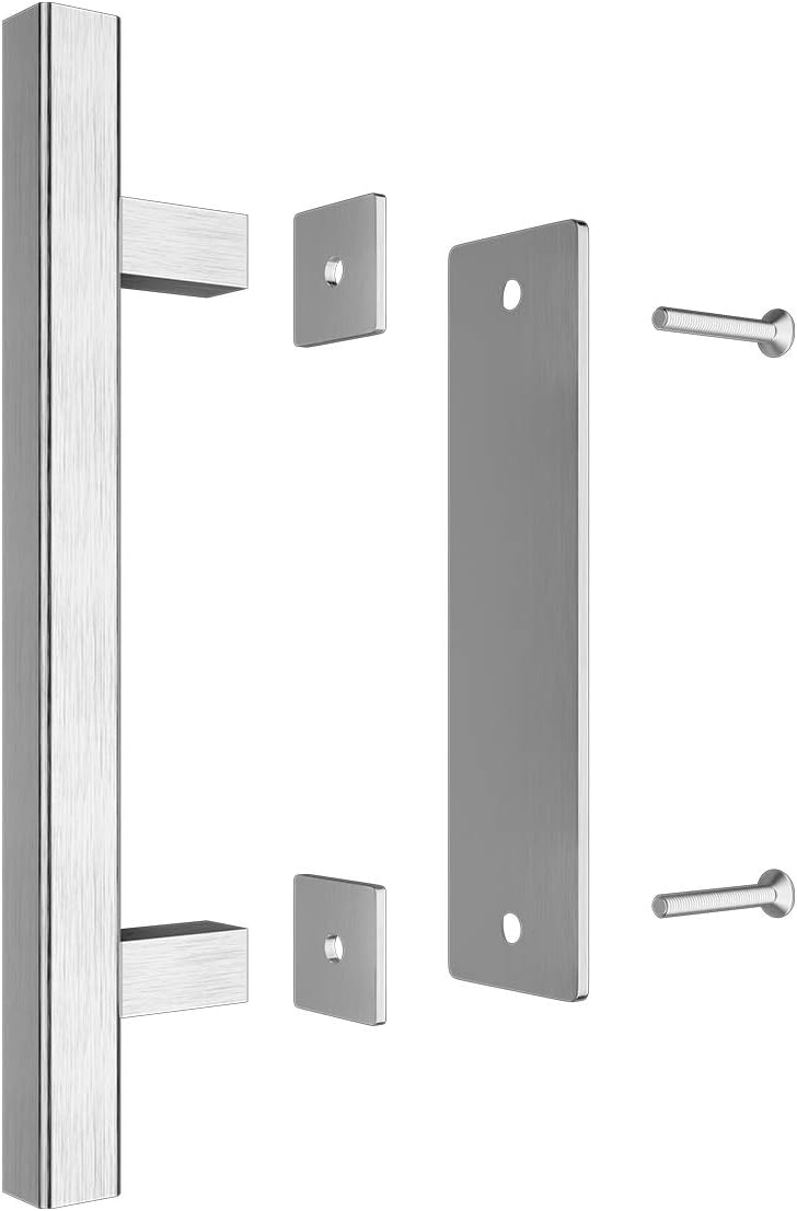 12" Heavy Duty Pull and Flush Barn Door Handle Set - Large Rustic Two-Side Design - Solid Stainless Steel - Silver - for Gates, Garages, Sheds, Furniture - Square