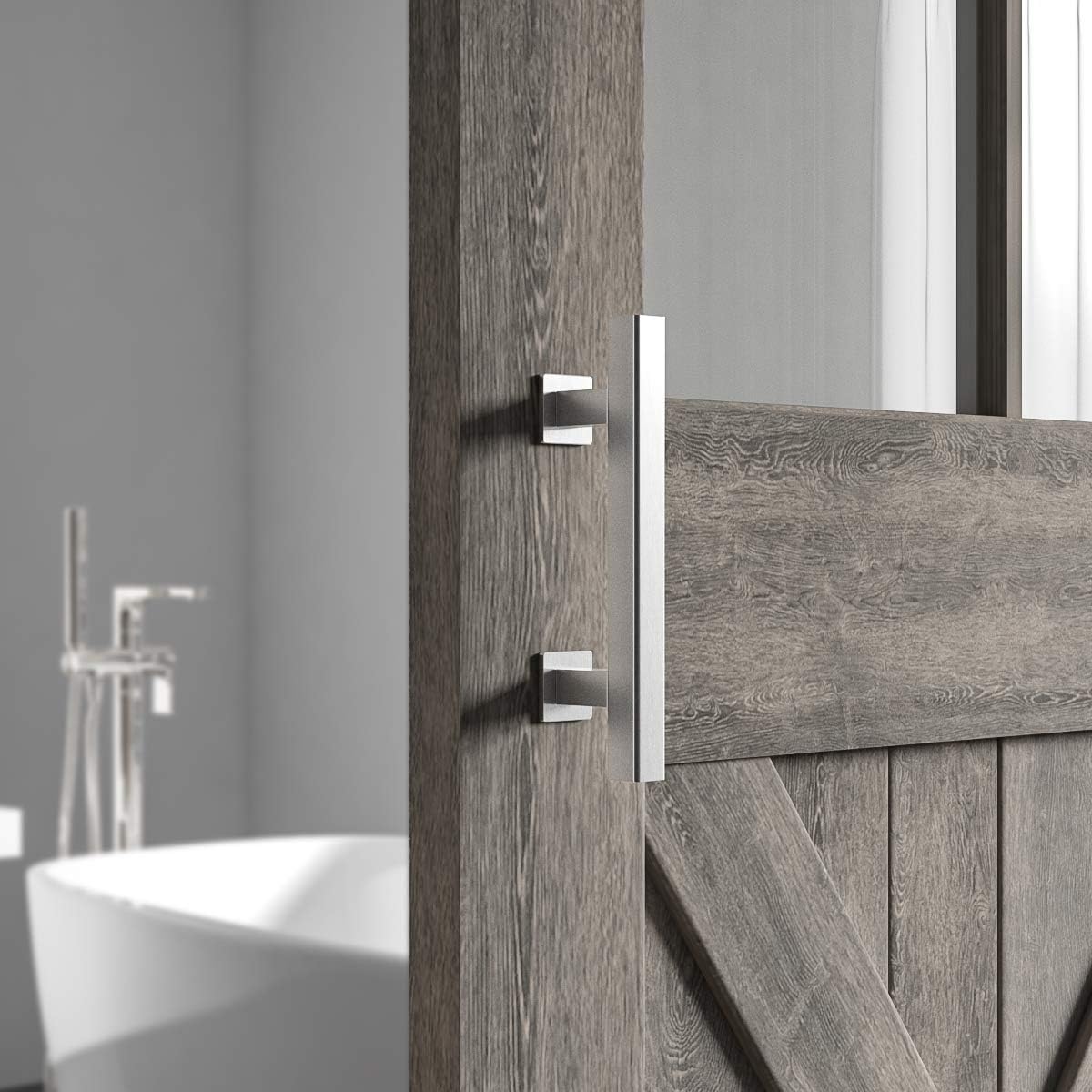 12" Heavy Duty Pull and Flush Barn Door Handle Set - Large Rustic Two-Side Design - Solid Stainless Steel - Silver - for Gates, Garages, Sheds, Furniture - Square