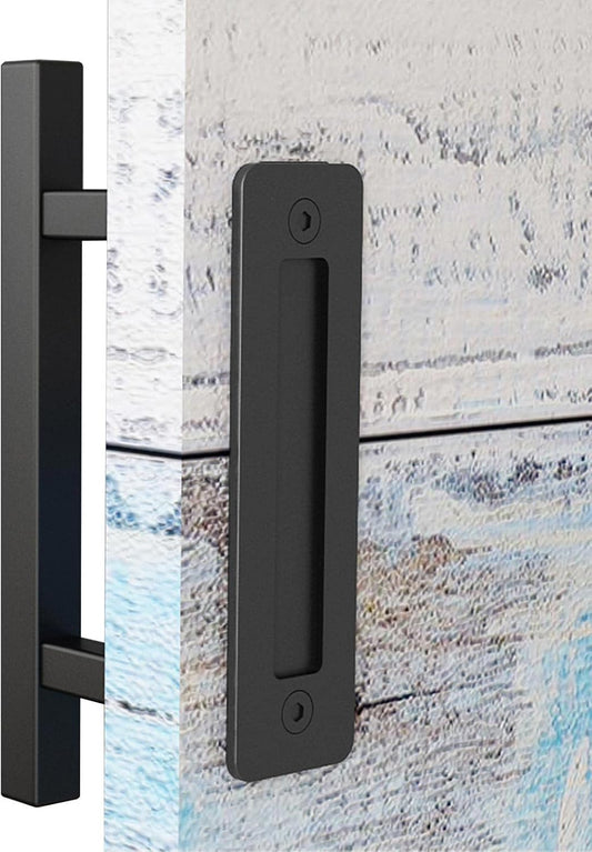 12" Heavy Duty Sliding Barn Door Handles and Pulls Set - Easy Install, Double Sided Hardware, Rustic Square Design, Matte Black Finish