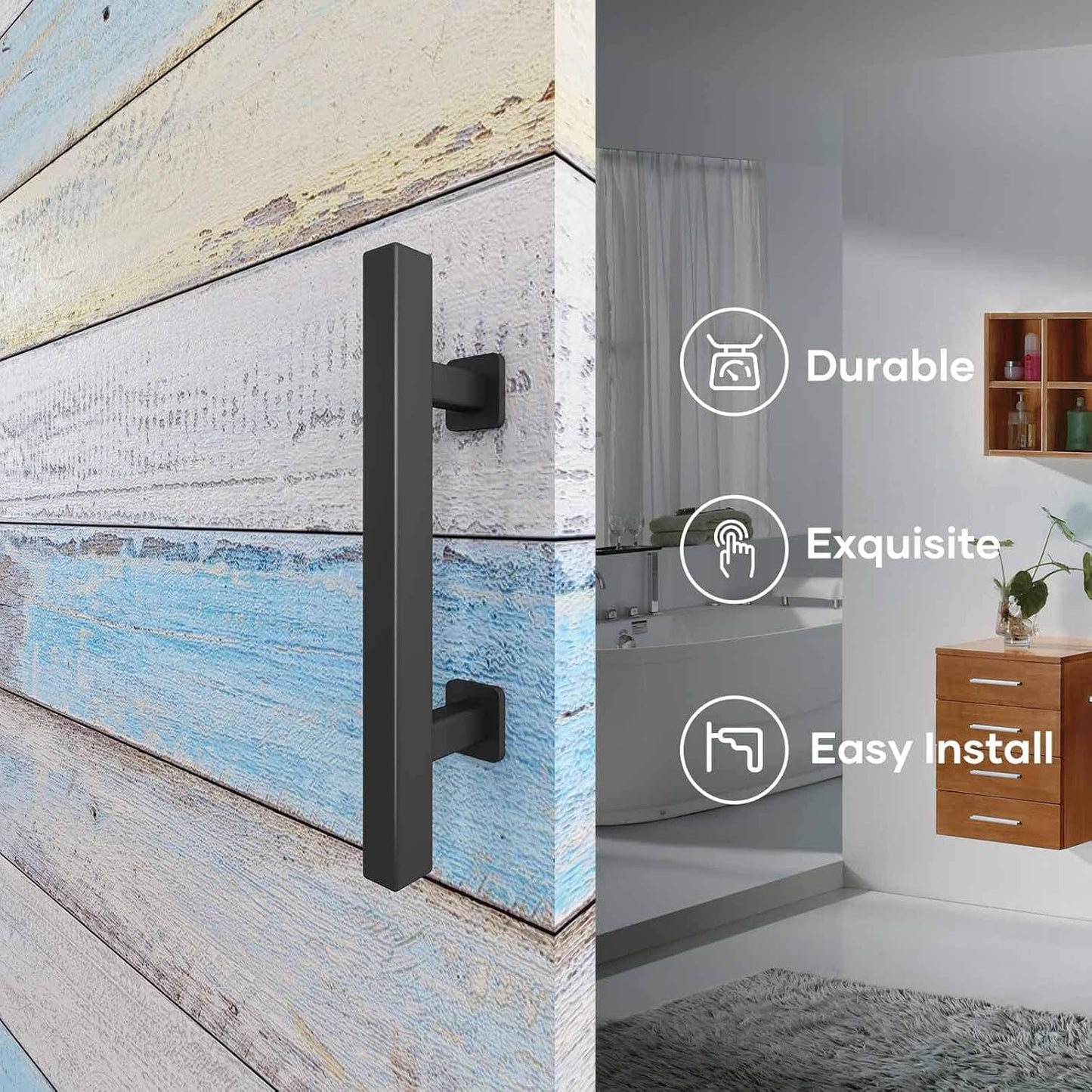 12" Heavy Duty Sliding Barn Door Handles and Pulls Set - Easy Install, Double Sided Hardware, Rustic Square Design, Matte Black Finish