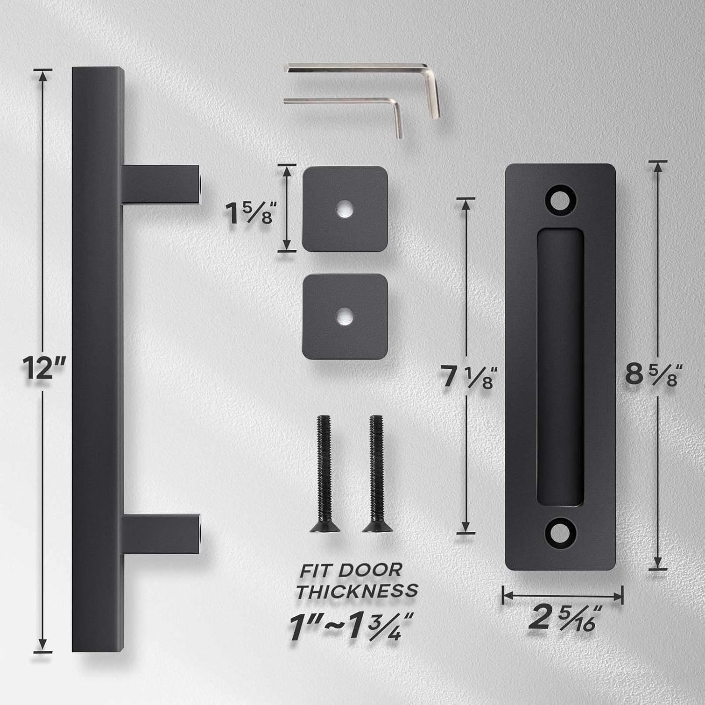 12" Heavy Duty Sliding Barn Door Handles and Pulls Set - Easy Install, Double Sided Hardware, Rustic Square Design, Matte Black Finish