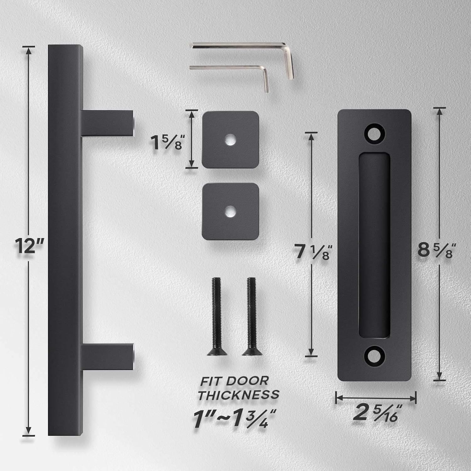 12" Heavy Duty Sliding Barn Door Handles and Pulls Set - Easy Install, Double Sided Hardware, Rustic Square Design, Matte Black Finish