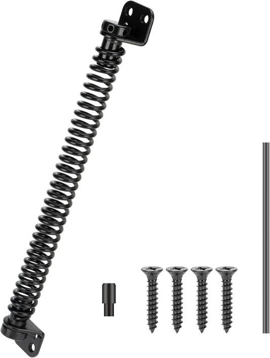 12" Hillmaster Gate Spring - Self Closing Outdoor Door Hardware for Wooden Vinyl Fence - Automatic Gate Closure - Adjustable Tool - Black Finish