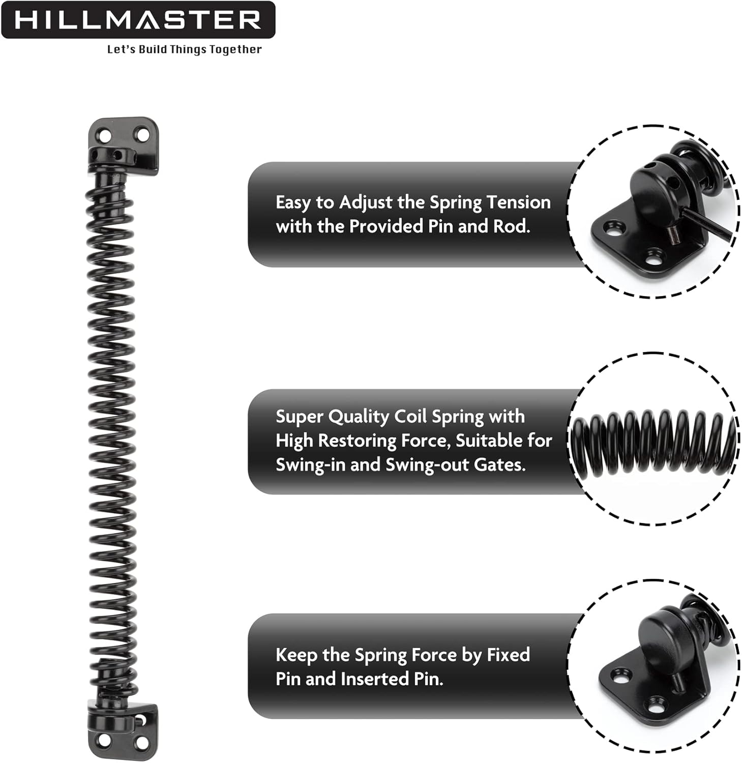 12" Hillmaster Gate Spring - Self Closing Outdoor Door Hardware for Wooden Vinyl Fence - Automatic Gate Closure - Adjustable Tool - Black Finish