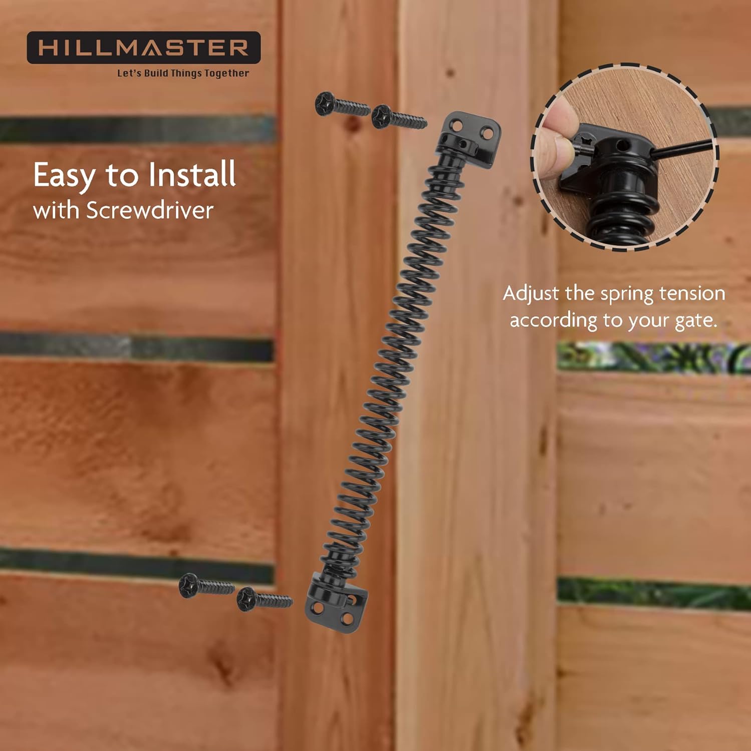 12" Hillmaster Gate Spring - Self Closing Outdoor Door Hardware for Wooden Vinyl Fence - Automatic Gate Closure - Adjustable Tool - Black Finish
