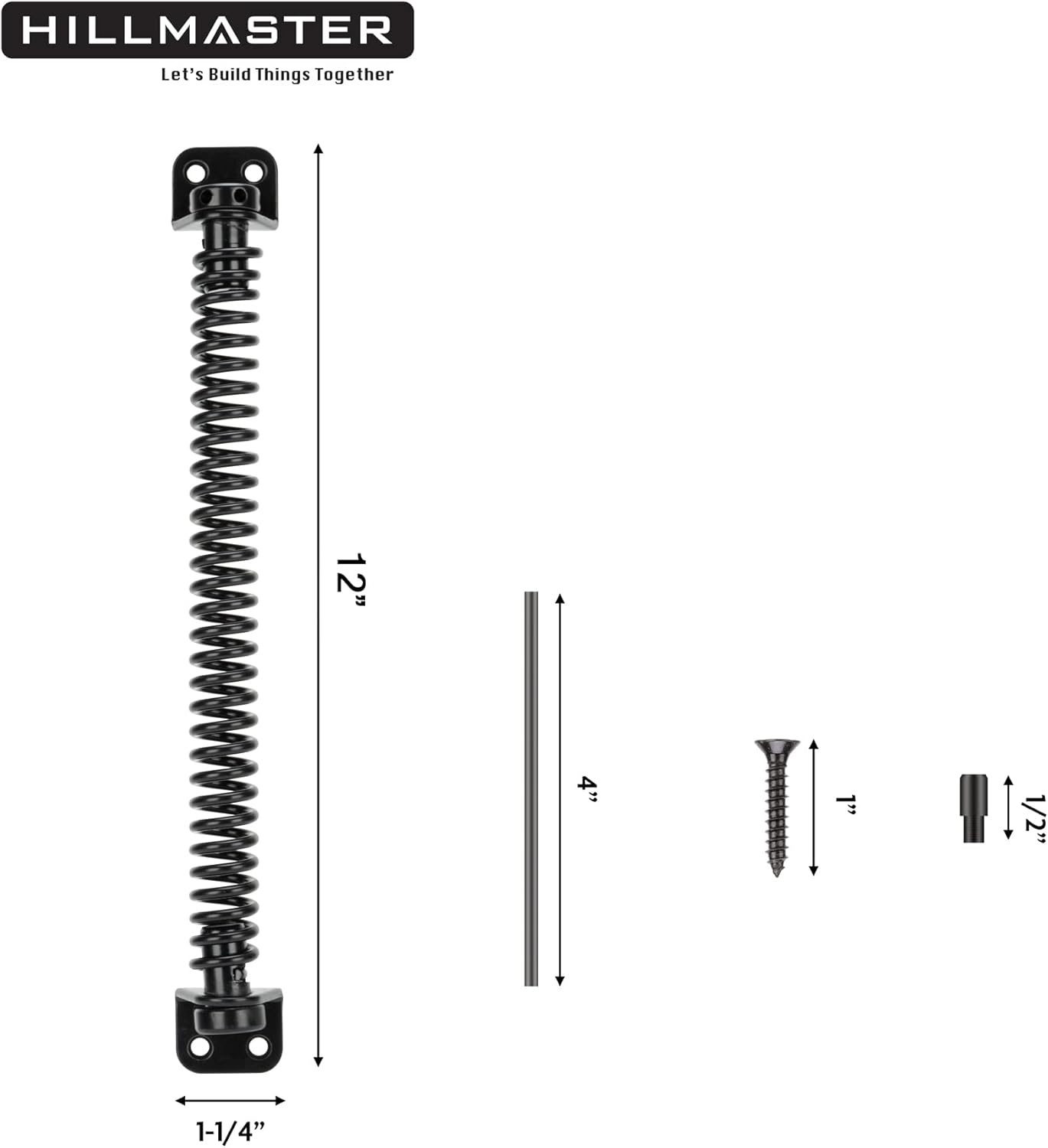 12" Hillmaster Gate Spring - Self Closing Outdoor Door Hardware for Wooden Vinyl Fence - Automatic Gate Closure - Adjustable Tool - Black Finish