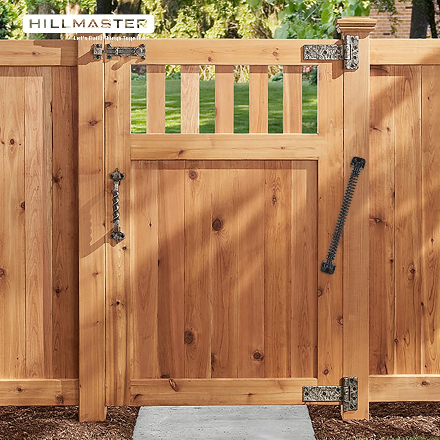 12" Hillmaster Gate Spring - Self Closing Outdoor Door Hardware for Wooden Vinyl Fence - Automatic Gate Closure - Adjustable Tool - Black Finish